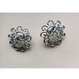 Vintage Silver Tone Floral Stud Earrings with Intricate Design